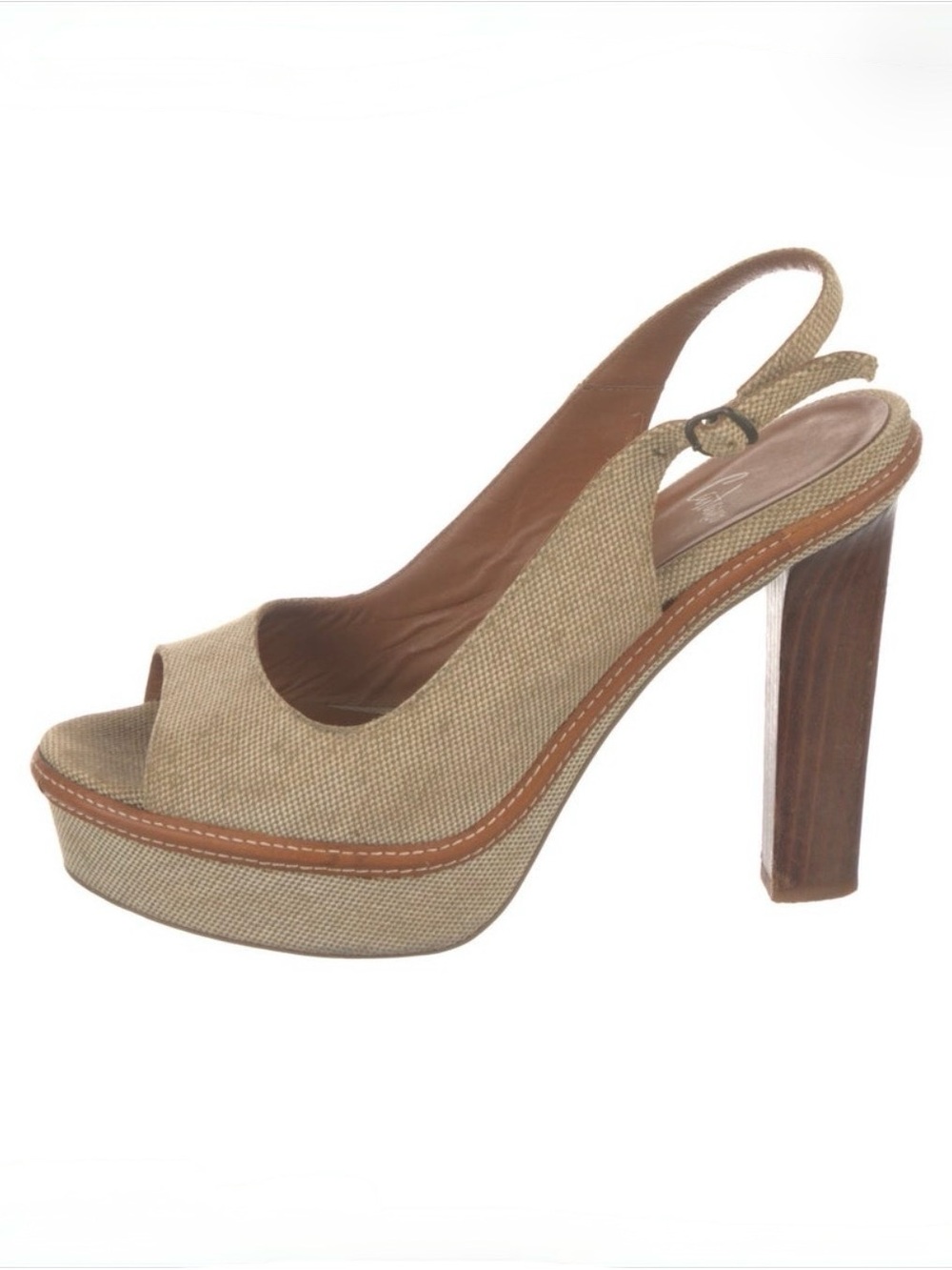 Tan Canvas Peep-Toe Slingback Platform Heels